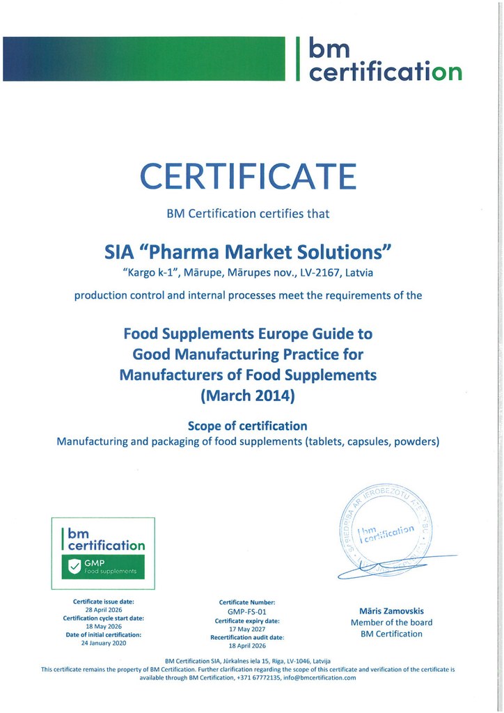 GMP food supplement manufacturing certificate (EU) GMP Good Manufacturing Practice certificate GMP-FS-01