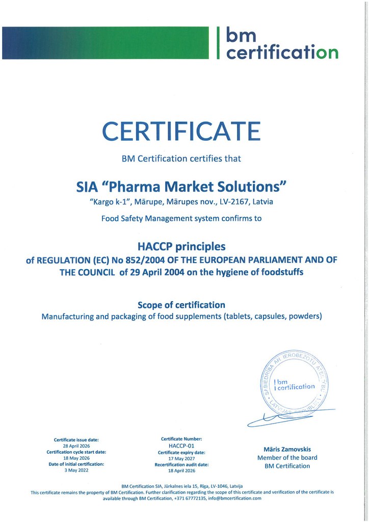 HACCP 22000 food supplement manufacturing certificate (EU) HACCP food safety certificate HACCP-01
