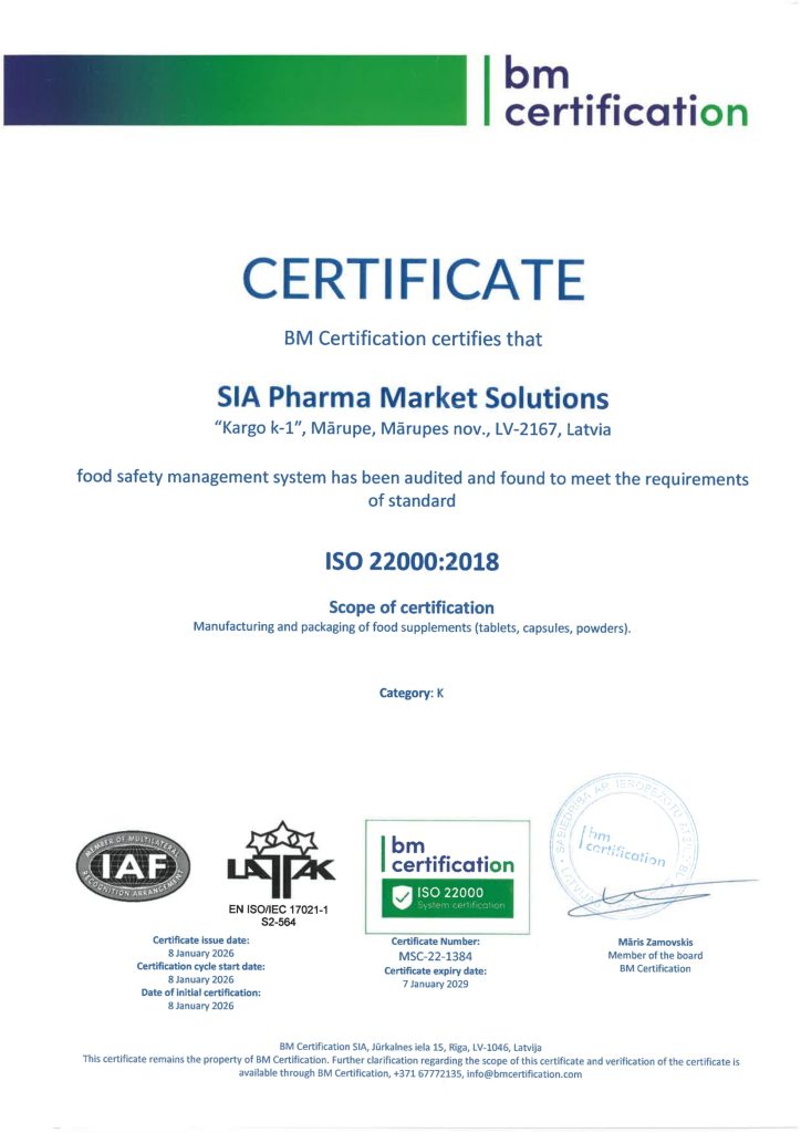 ISO 22000 food supplement manufacturing certificate (EU) ISO 22000 certificate MSC-22-1384