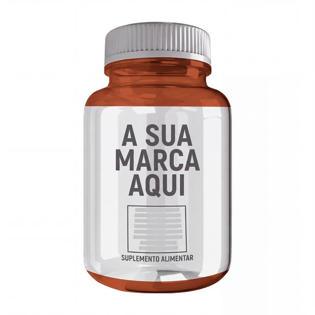 A sua marca — frasco âmbar Frasco âmbar de marca própria com comprimidos — a sua marca aqui