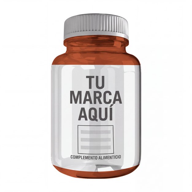 Su marca — botella ámbar Botella ámbar de marca blanca con comprimidos — su marca aquí