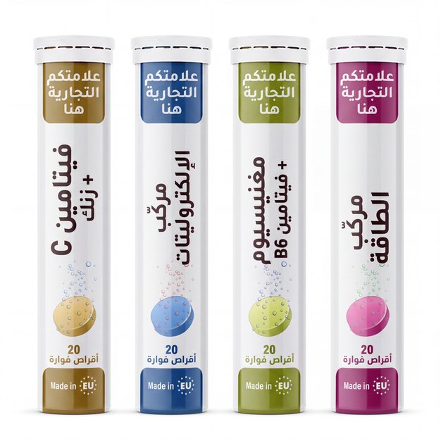 أنابيب أقراص فوارة بالعلامة الخاصة، تركيبات جاهزة ونكهات متعددة أنابيب بالعلامة الخاصة — تركيبات جاهزة من الأقراص الفوارة بنكهات متعددة