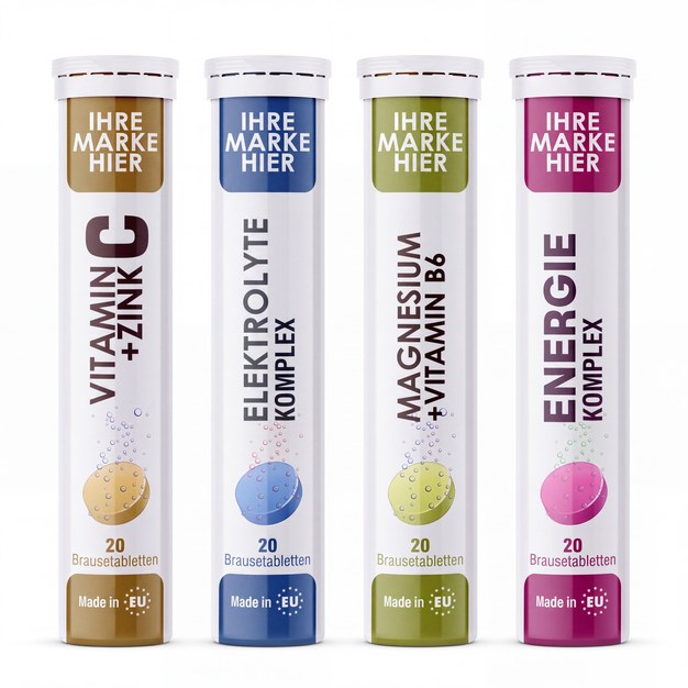 Private-Label-Röhrchen — fertige Brausetabletten-Rezepturen, mehrere Geschmacksrichtungen