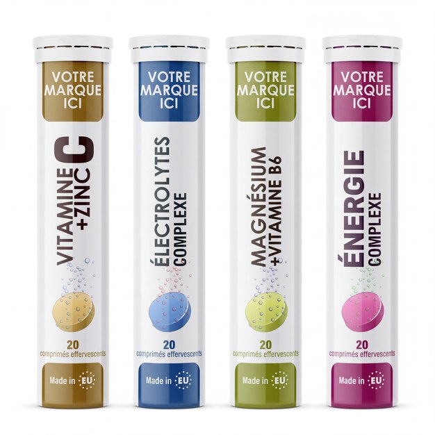 Tubes de comprimés effervescents en marque blanche, formules prêtes à l'emploi et arômes Tubes en marque blanche — formules prêtes à l'emploi de comprimés effervescents, plusieurs arômes