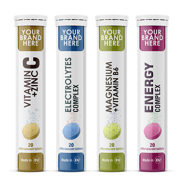 Private label effervescent tablet tubes, ready-made formulas and flavours Private label tubes — effervescent tablets ready-made formulas, multiple flavours