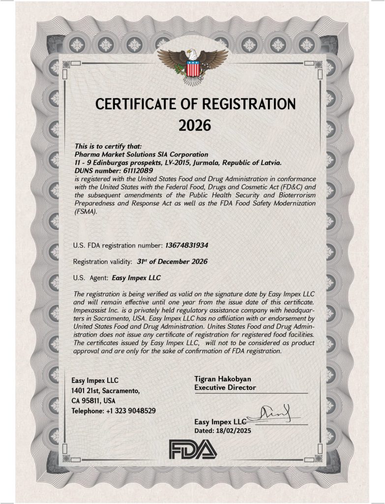 US FDA food supplement manufacturing registration US FDA registration document