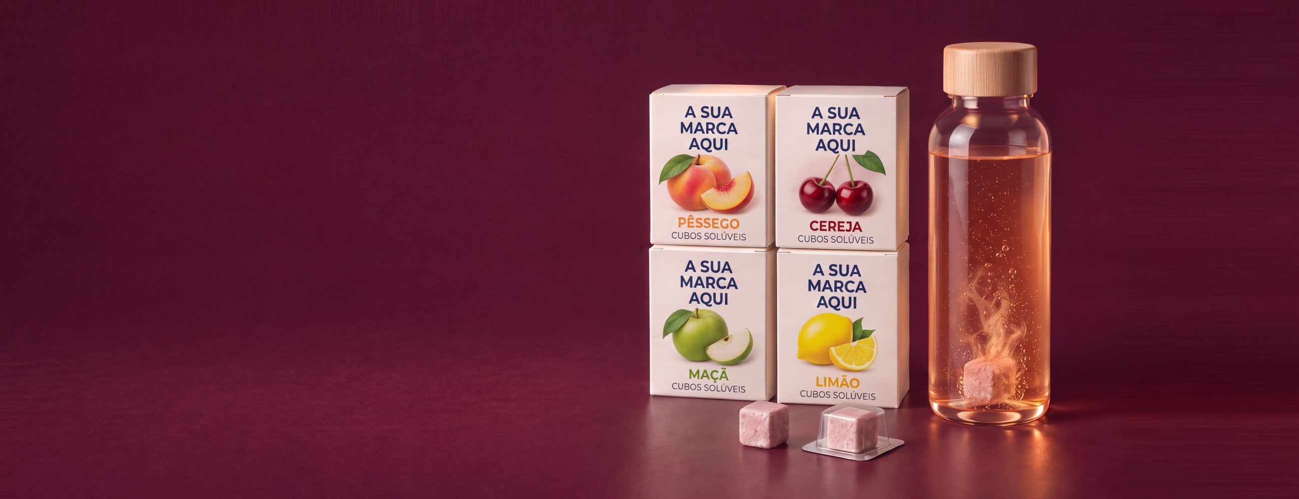 Quatro caixas de venda de cubos efervescentes para água de marca própria, nos sabores pêssego, cereja, maçã e limão, com a frente placeholder para a sua marca, um cubo selado no seu próprio blister, um cubo solto e uma garrafa com um cubo a dissolver-se