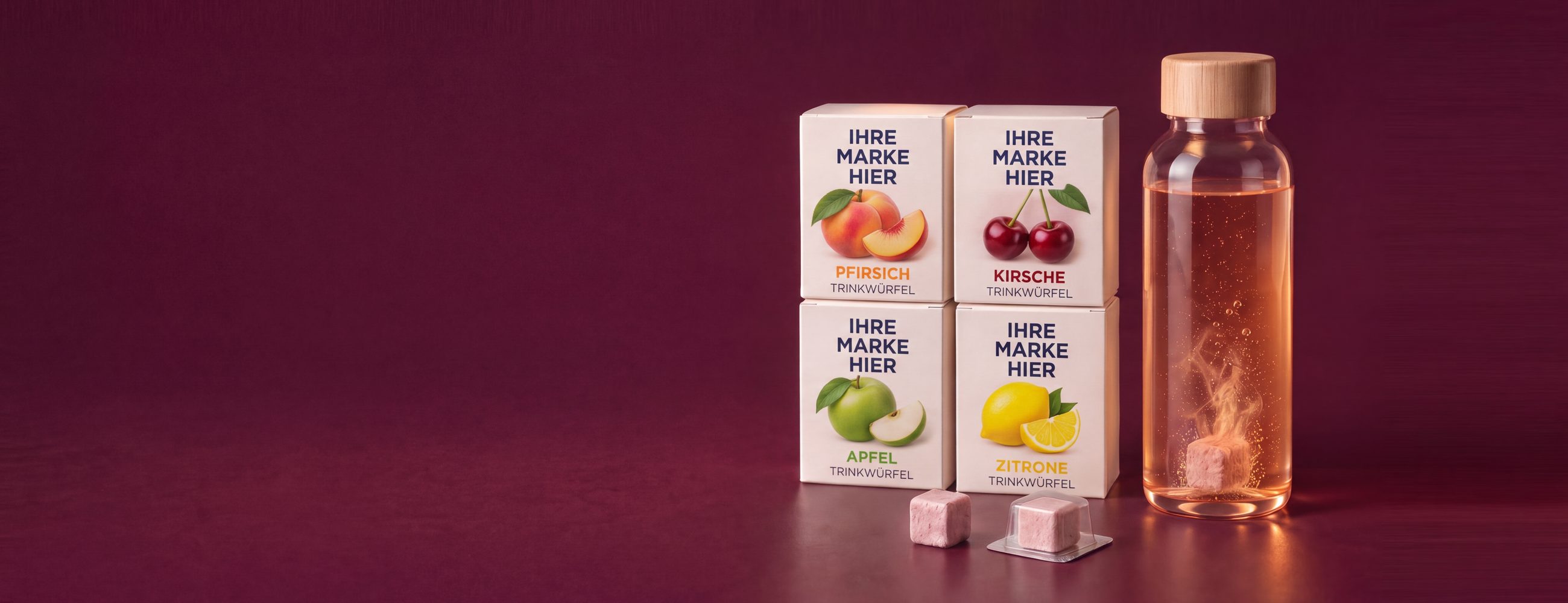 Vier Verkaufsschachteln mit Private-Label-Brausewürfeln in Pfirsich, Kirsche, Apfel und Zitrone mit Platzhalter für die eigene Marke, ein Würfel einzeln im Blister versiegelt, ein loser Würfel und eine Flasche, in der sich ein Würfel auflöst