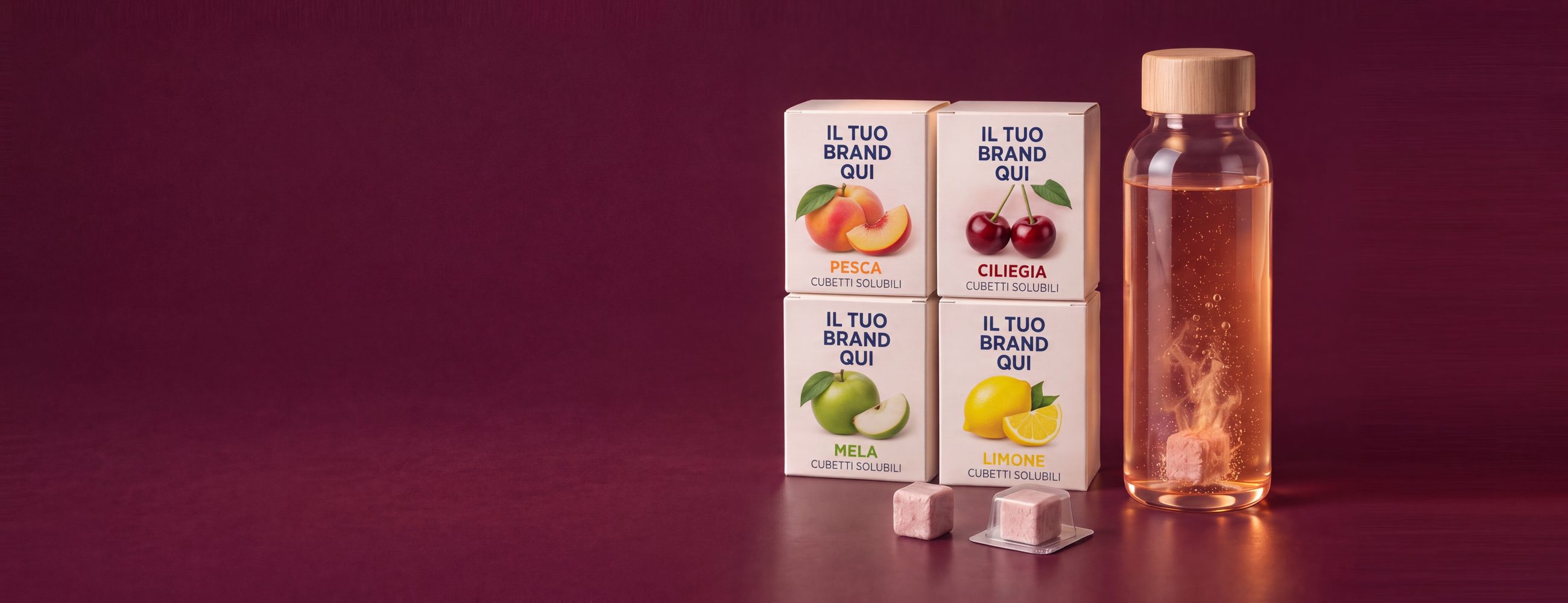 Quattro scatole al dettaglio di cubetti solubili effervescenti private label ai gusti pesca, ciliegia, mela e limone con fronte your-brand-here, un cubetto sigillato nel proprio blister, un cubetto sfuso e una bottiglia con un cubetto che si scioglie