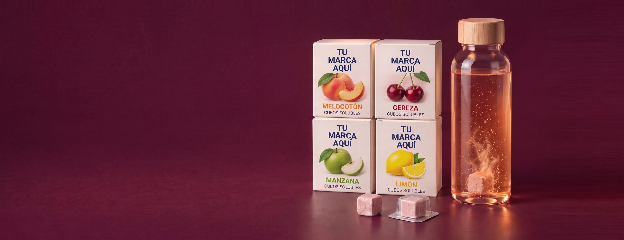 Cuatro cajas de venta con cubos solubles efervescentes de marca blanca en melocotón, cereza, manzana y limón con espacio para su marca, un cubo sellado en su propio blíster, un cubo suelto y una botella con un cubo disolviéndose