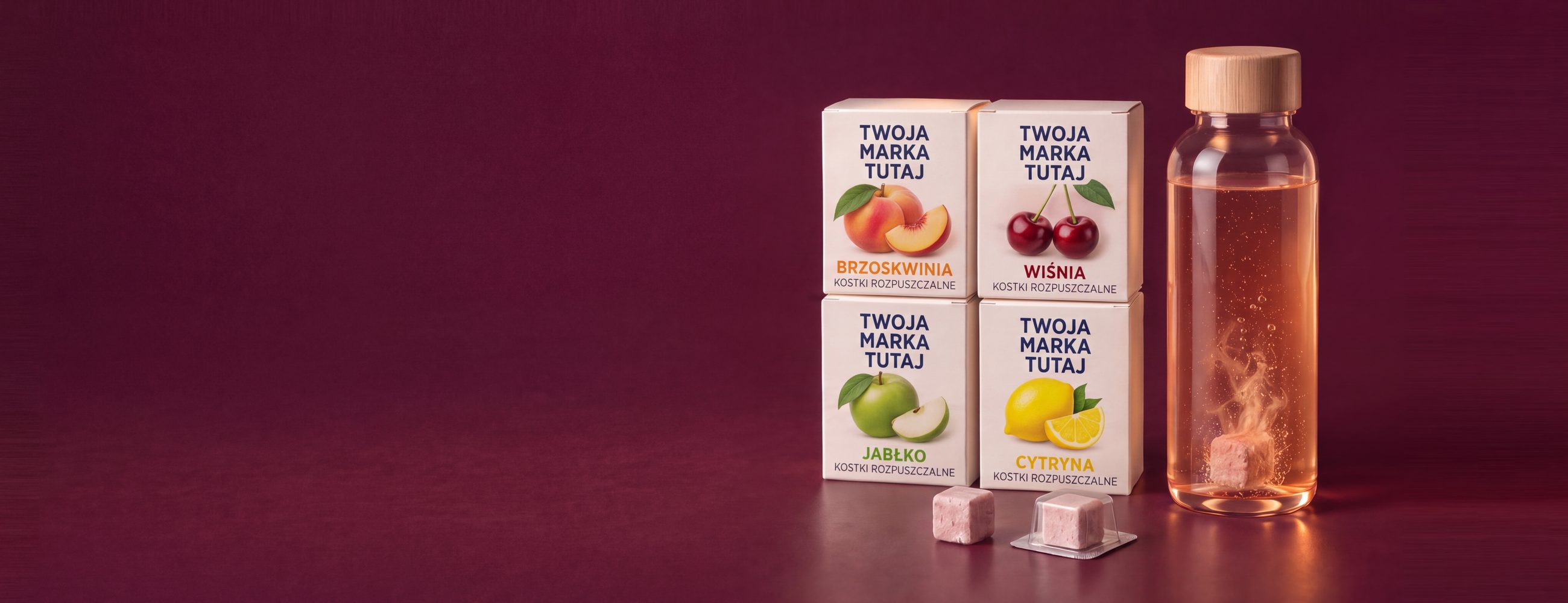 Cztery pudełka detaliczne kostek musujących do wody private label o smaku brzoskwiniowym, wiśniowym, jabłkowym i cytrynowym z napisem your-brand-here na przodzie, kostka zamknięta w osobnym blistrze, luźna kostka i butelka z rozpuszczającą się kostką