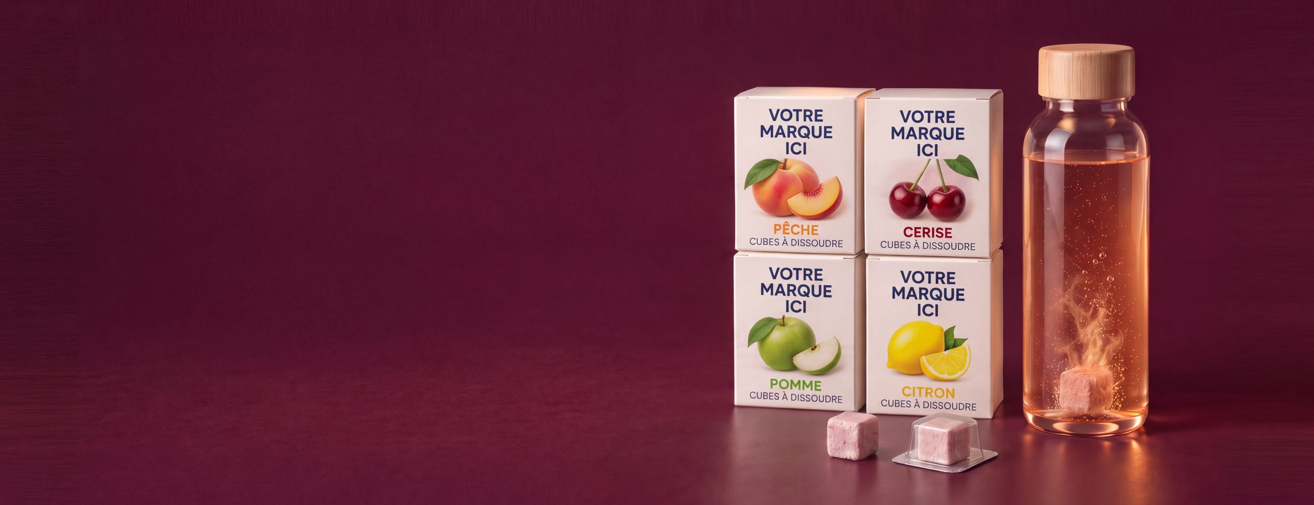 Quatre boîtes de vente au détail de cubes effervescents pour l'eau en marque blanche, parfums pêche, cerise, pomme et citron, avec mention provisoire « votre marque ici », un cube scellé dans son blister, un cube nu et une bouteille dans laquelle un cube se dissout