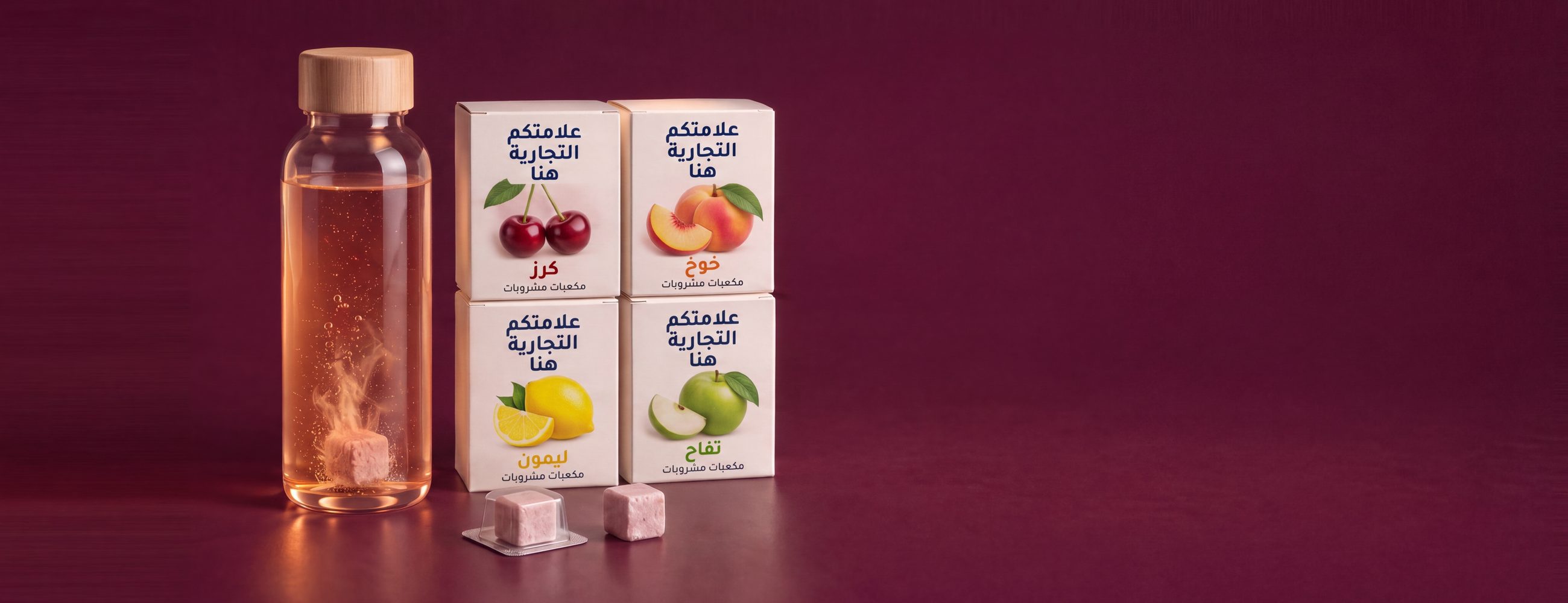 أربع علب بيع بالتجزئة من مكعبات مشروبات فوارة بالعلامة الخاصة بنكهات الخوخ والكرز والتفاح والليمون، تحمل واجهة تقول ضعوا علامتكم التجارية هنا، مع مكعب مغلّف في بليستره الخاص، ومكعب مكشوف، وزجاجة يذوب فيها مكعب