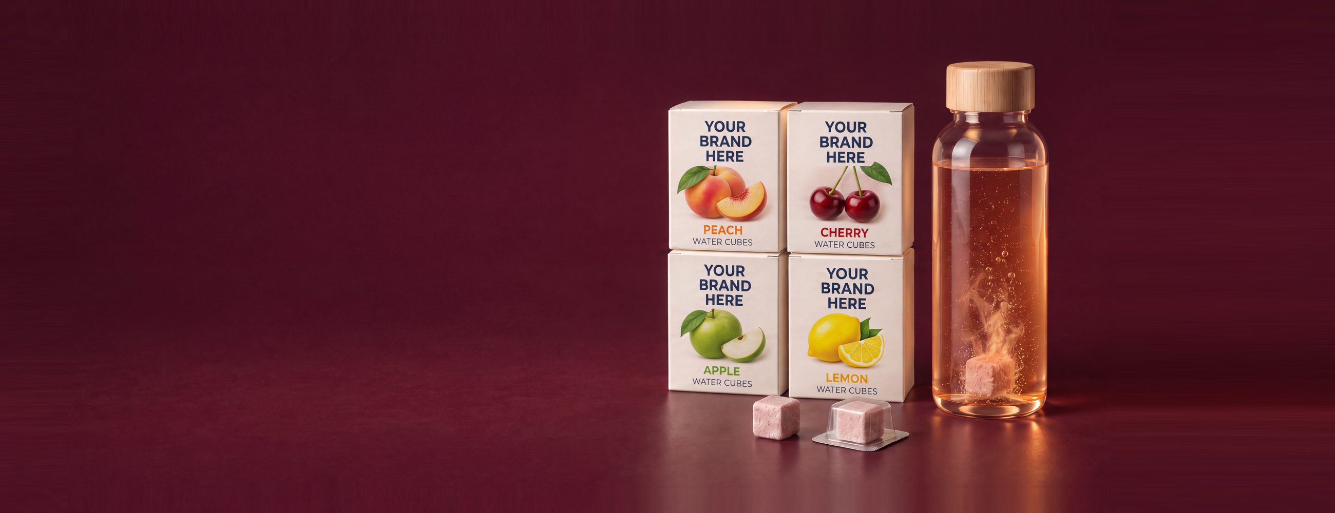 Four retail boxes of private label effervescent water cubes in peach, cherry, apple and lemon with a your-brand-here front, a cube sealed in its own blister, a bare cube and a bottle with a cube dissolving