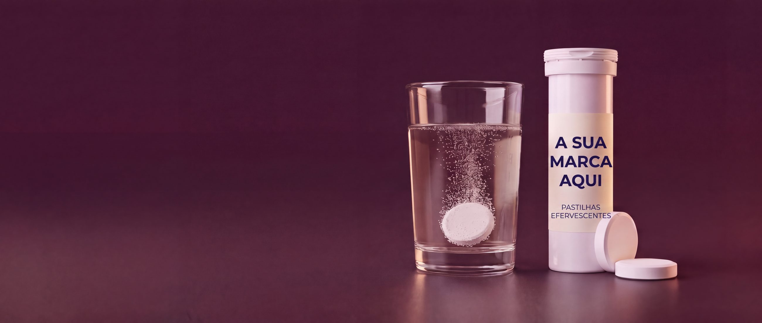 Tubo de pastilhas efervescentes de marca própria com etiqueta A SUA MARCA AQUI e uma pastilha a dissolver-se num copo de água