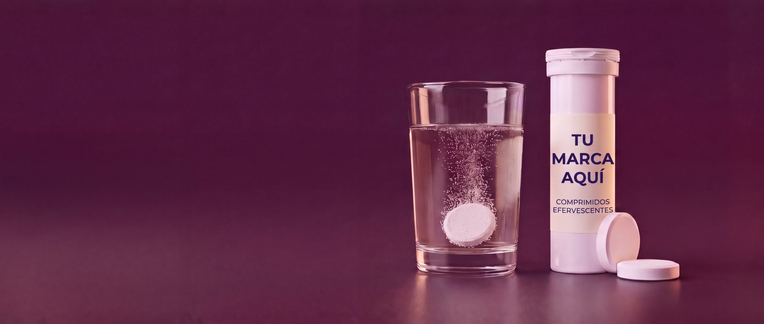 Tubo de comprimidos efervescentes de marca blanca con etiqueta TU MARCA AQUÍ y un comprimido disolviéndose en un vaso de agua