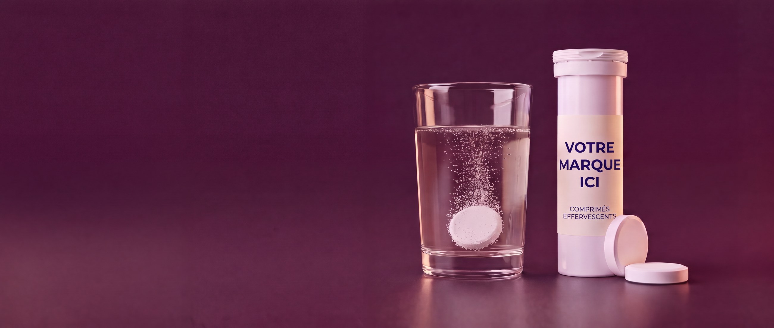 Tube de comprimés effervescents en marque blanche avec étiquette « VOTRE MARQUE ICI » et un comprimé se dissolvant dans un verre d'eau
