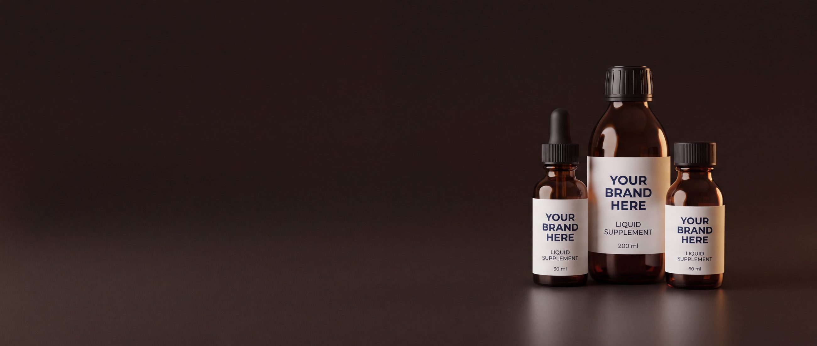 Amber glass supplement bottles with YOUR BRAND HERE labels — private label mockup, 30, 60 and 200 ml