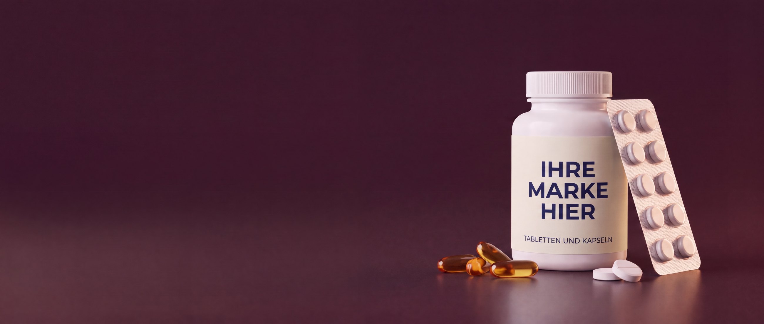 Private-Label-Dose für Nahrungsergänzungsmittel mit Etikett IHRE MARKE HIER, ein Blister mit Tabletten und Weichkapseln