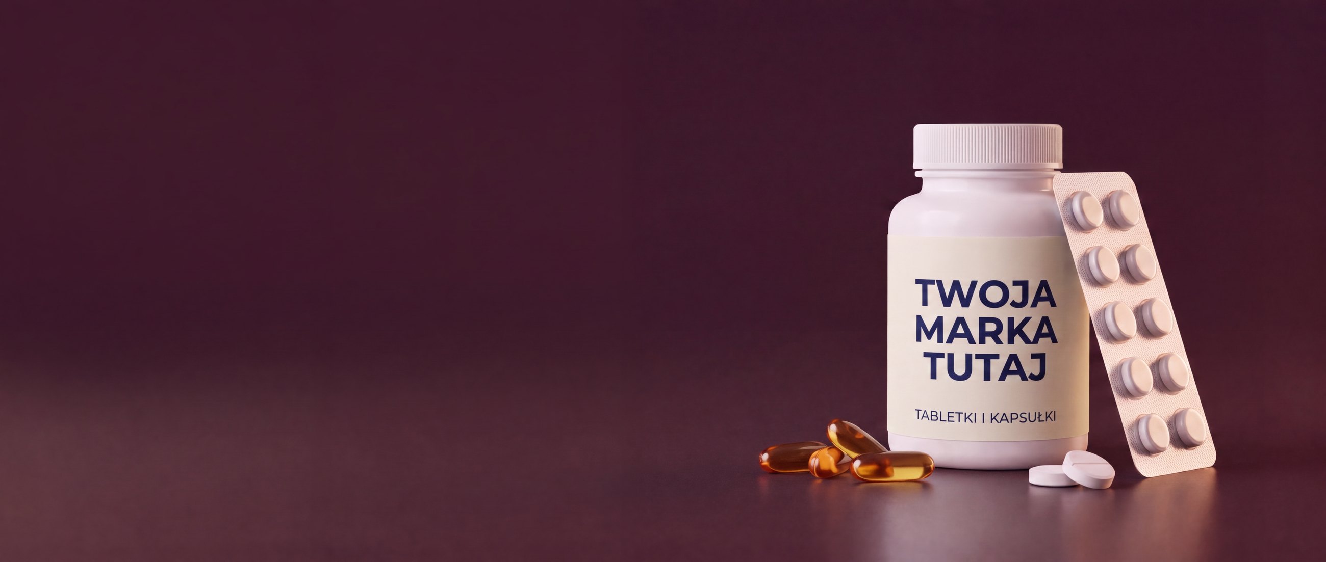 Słoik suplementu private label z etykietą your-brand-here, blister tabletek i kapsułki miękkie