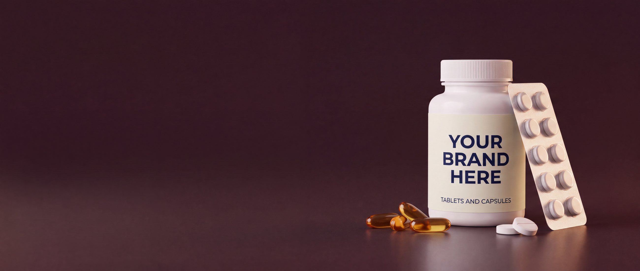Private label supplement jar with a your-brand-here label, a blister of tablets and softgel capsules
