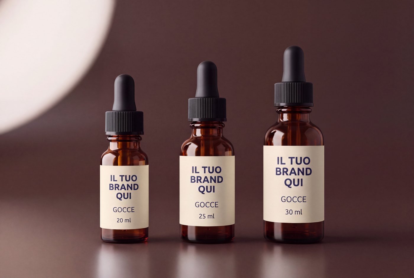 Gocce di integratori liquidi private label in flaconi di vetro ambrato da 20, 25 e 30 ml con contagocce