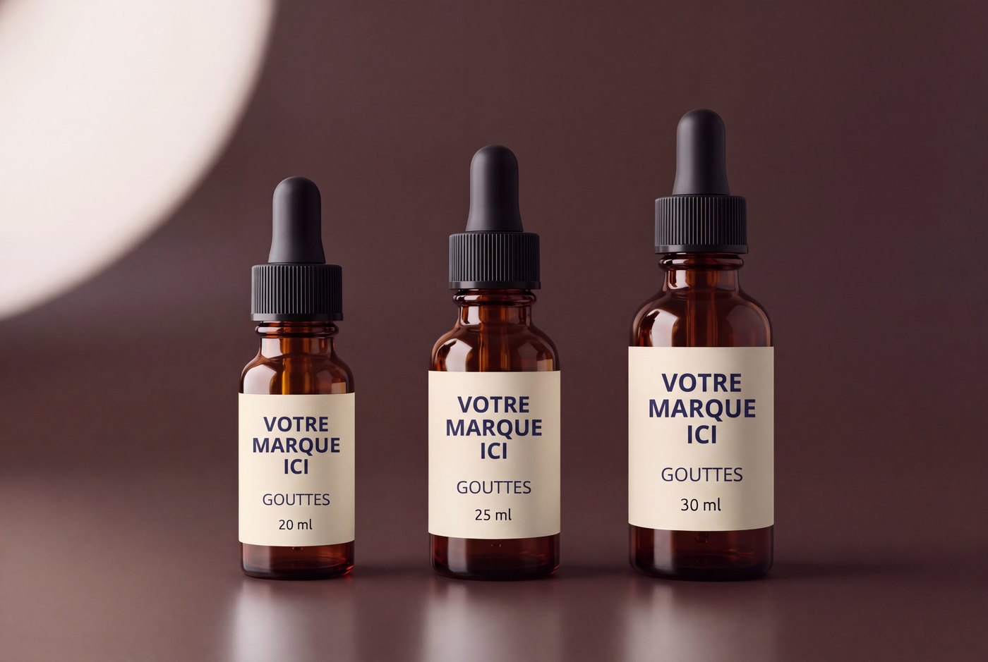 Gouttes de compléments liquides en marque blanche en flacons de verre ambré de 20, 25 et 30 ml avec compte-gouttes