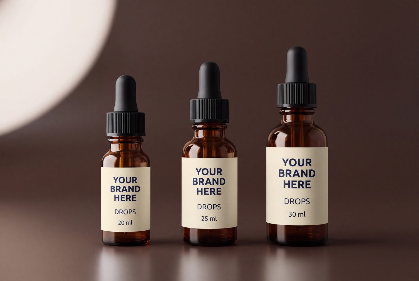 Private label liquid supplement drops in 20, 25 and 30 ml amber glass bottles with droppers