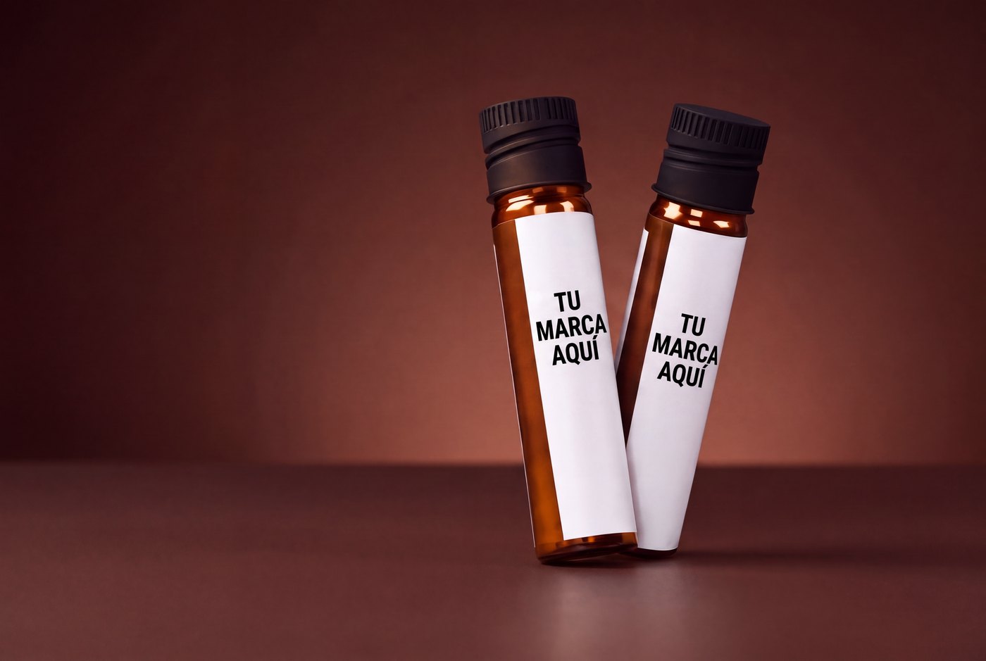 Shots de complemento líquido de marca blanca de una sola toma en viales de vidrio ámbar con tapón de rosca negro y etiquetas envolventes blancas