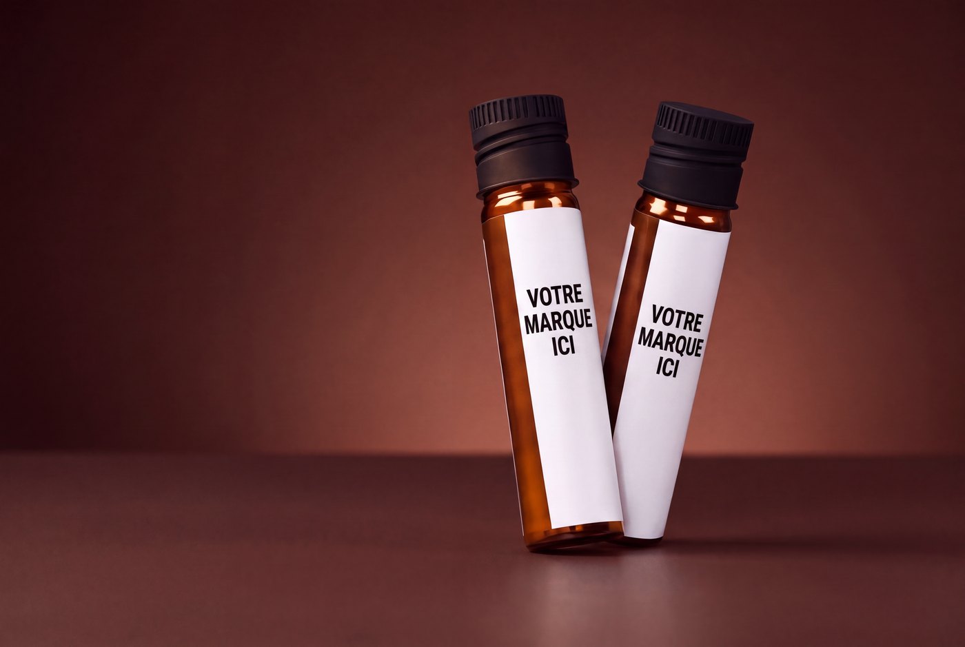 Shots de compléments liquides en marque blanche à dose unique, en flacons de verre ambré avec bouchons vissés noirs et étiquettes enveloppantes blanches