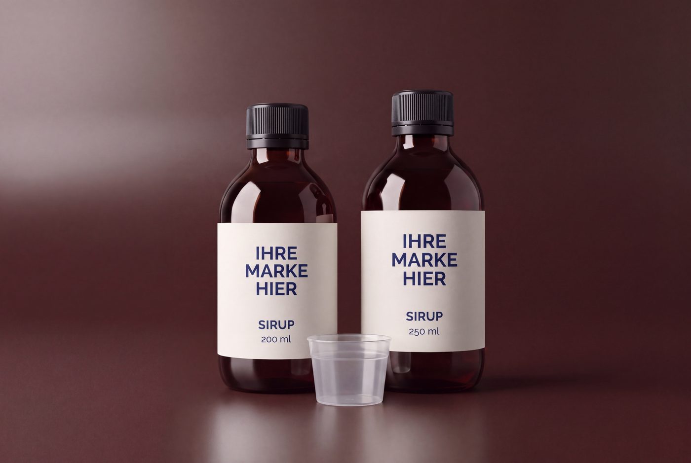 Private-Label-Sirup-Nahrungsergänzungsmittel in 200- und 250-ml-Braunglasflaschen mit Dosierbecher