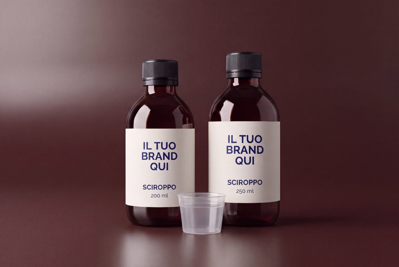 Sciroppi di integratori liquidi private label in flaconi di vetro ambrato da 200 e 250 ml con dosatore