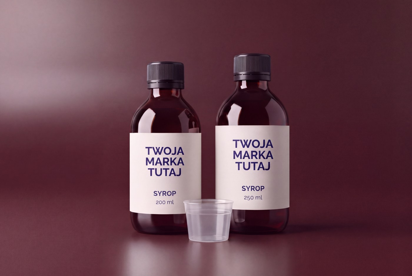 Syropy suplementów w płynie private label w bursztynowych butelkach szklanych 200 i 250 ml z kubeczkiem dozującym