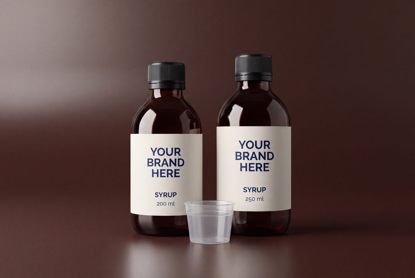 Private label liquid supplement syrups in 200 and 250 ml amber glass bottles with a dosing cup