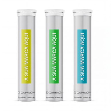 A sua marca — tubo efervescente Tubo de pastilhas efervescentes de marca própria — a sua marca aqui