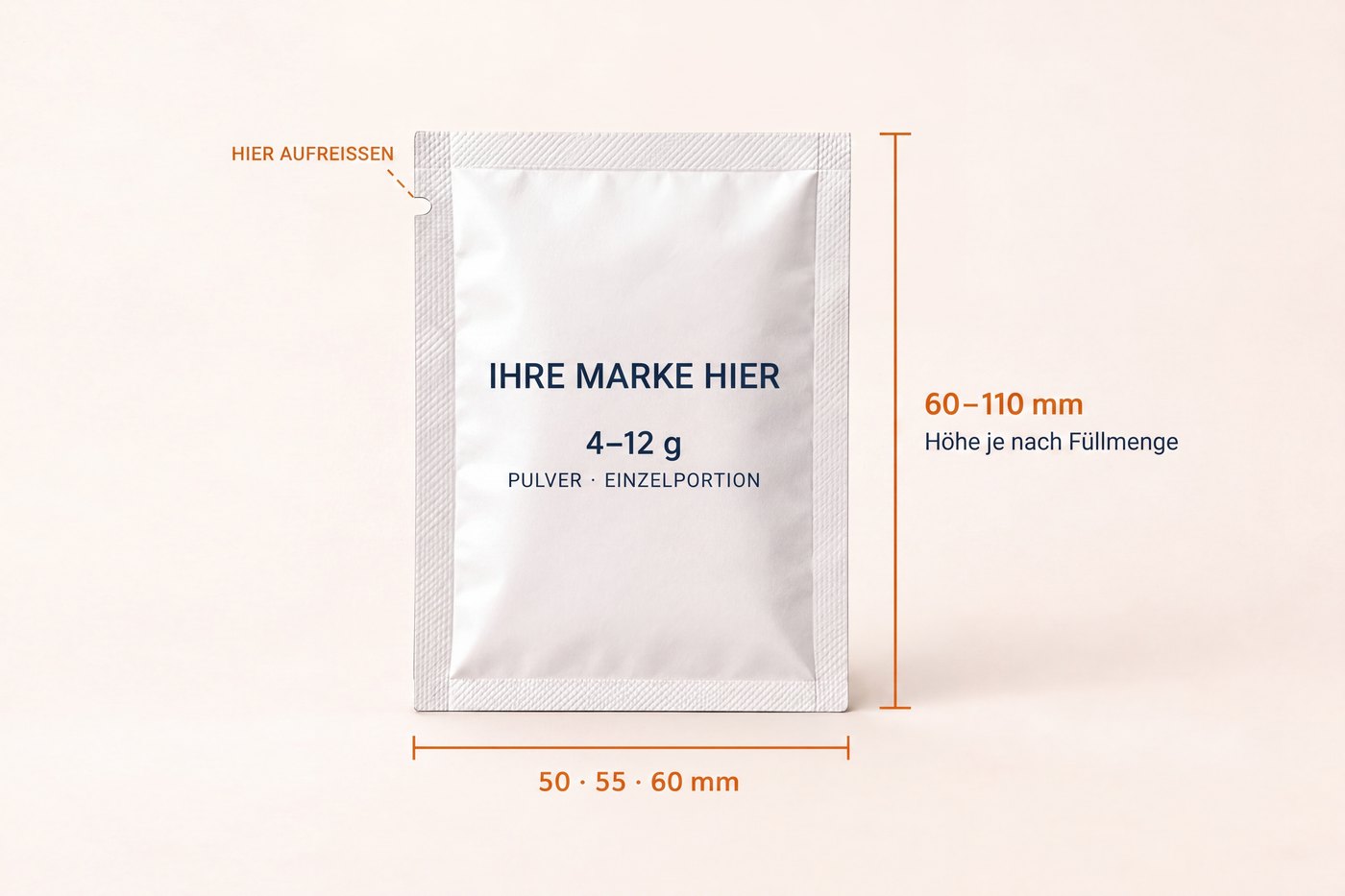 Leeres Private-Label-Sachet-Mockup mit Markierung des Füllgewichts von 4 bis 12 Gramm und der Breite von 50 bis 60 Millimetern