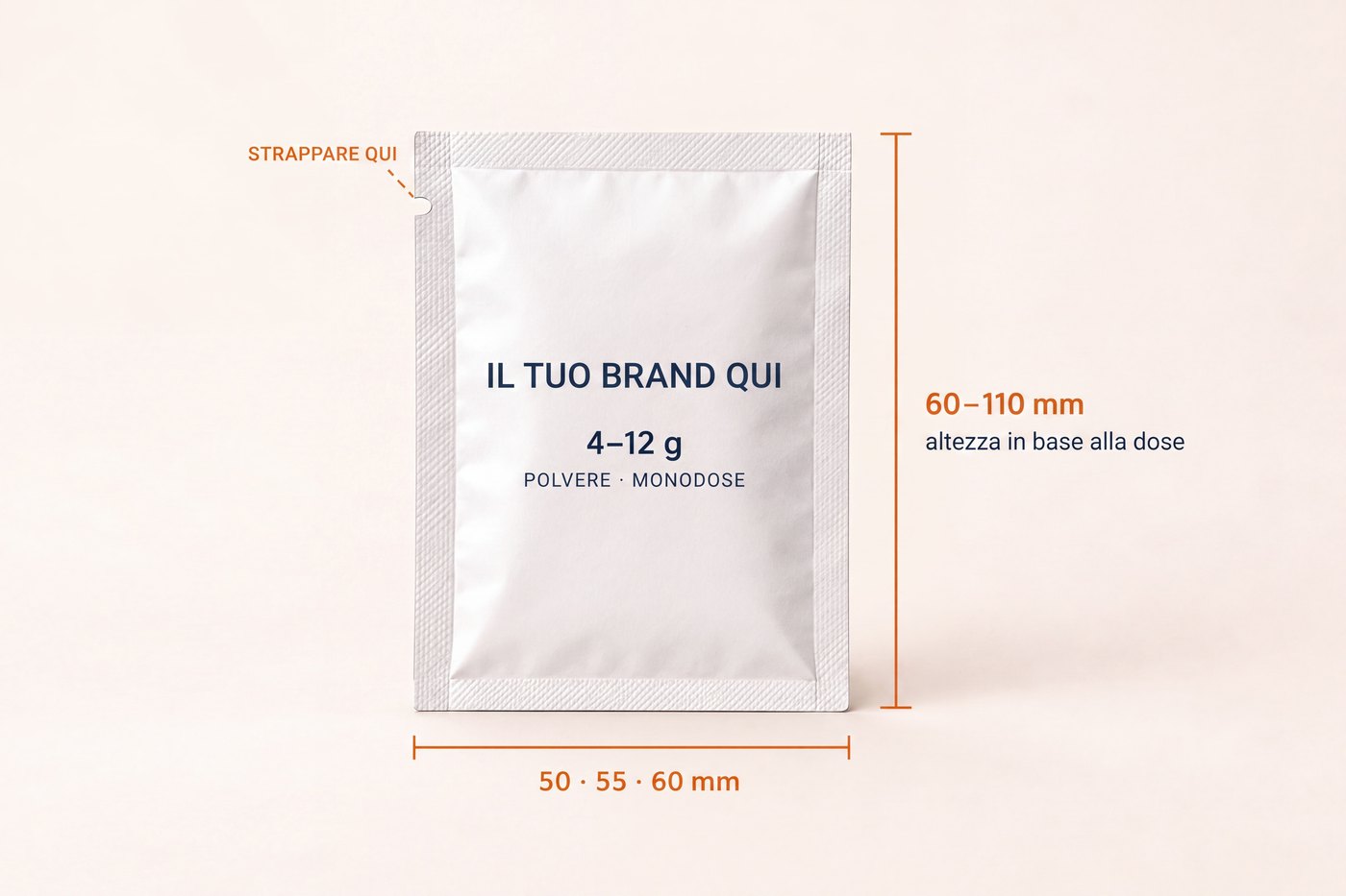 Mockup di bustina private label vuota con indicati il peso di riempimento da 4 a 12 grammi e la larghezza da 50 a 60 millimetri