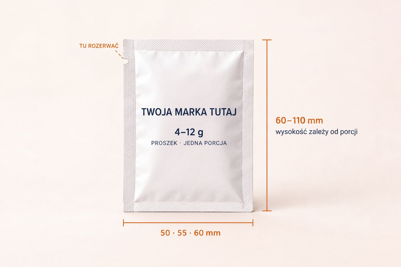 Makieta pustej saszetki private label z zaznaczoną wagą napełnienia od 4 do 12 gramów i szerokością od 50 do 60 milimetrów
