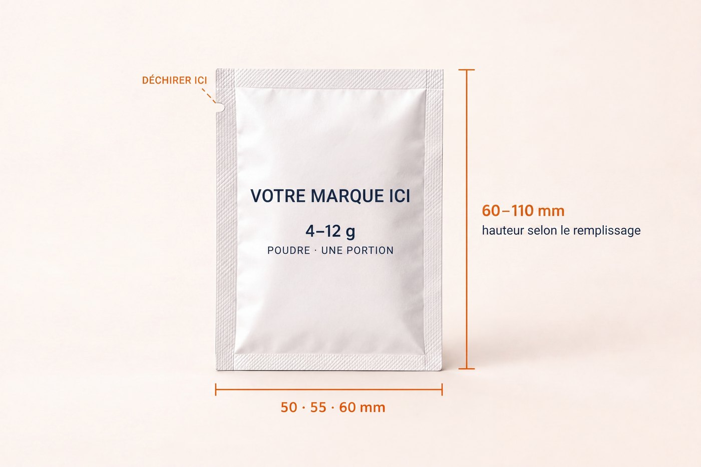 Maquette de sachet vierge en marque blanche indiquant un poids de remplissage de 4 à 12 grammes et une largeur de 50 à 60 millimètres
