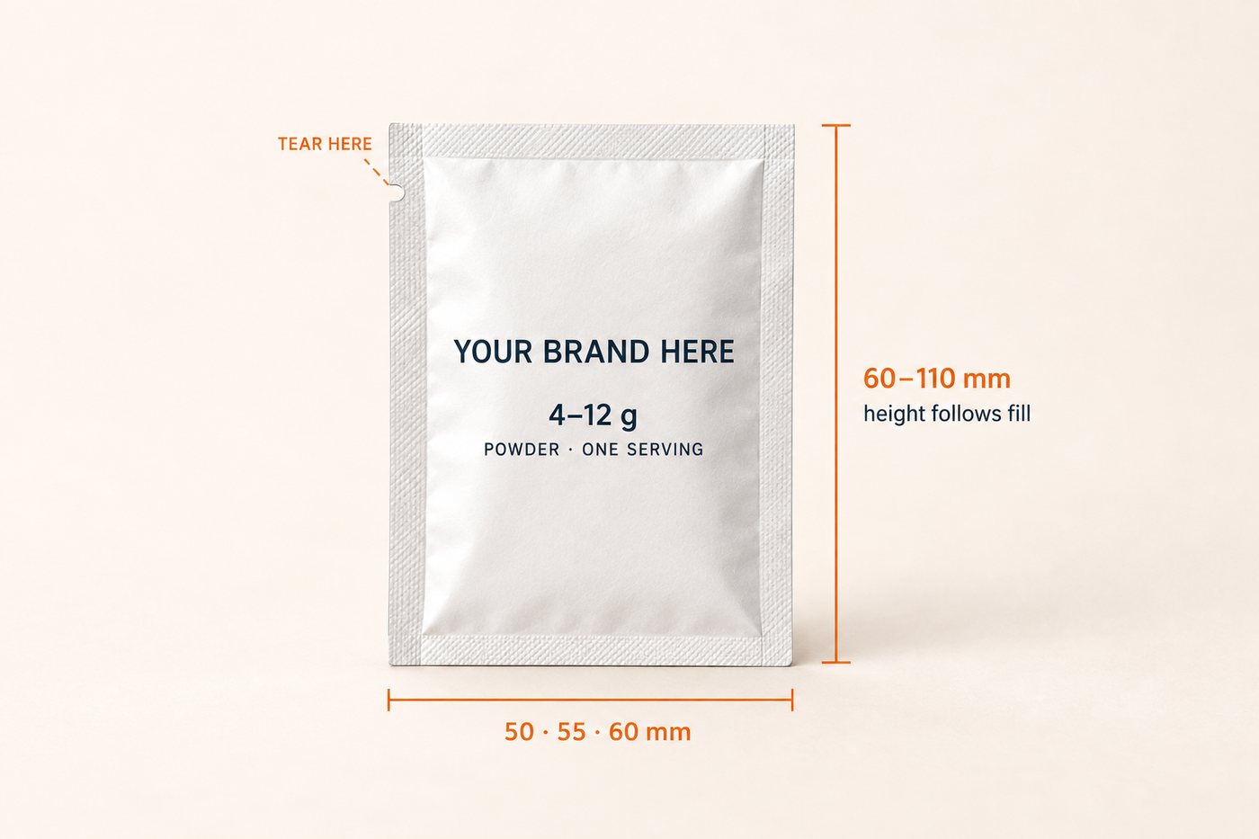Blank private label sachet mockup with the fill weight of 4 to 12 grams and the width of 50 to 60 millimetres marked