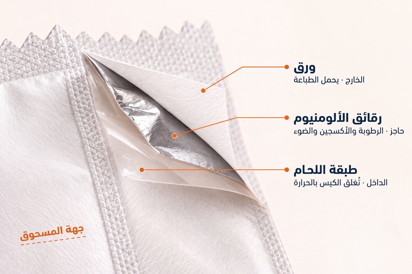 زاوية مقشورة من كيس تُظهر طبقات اللامينيت الثلاث: الورق من الخارج، ورقائق الألومنيوم في الوسط، وطبقة التلحيم من الداخل