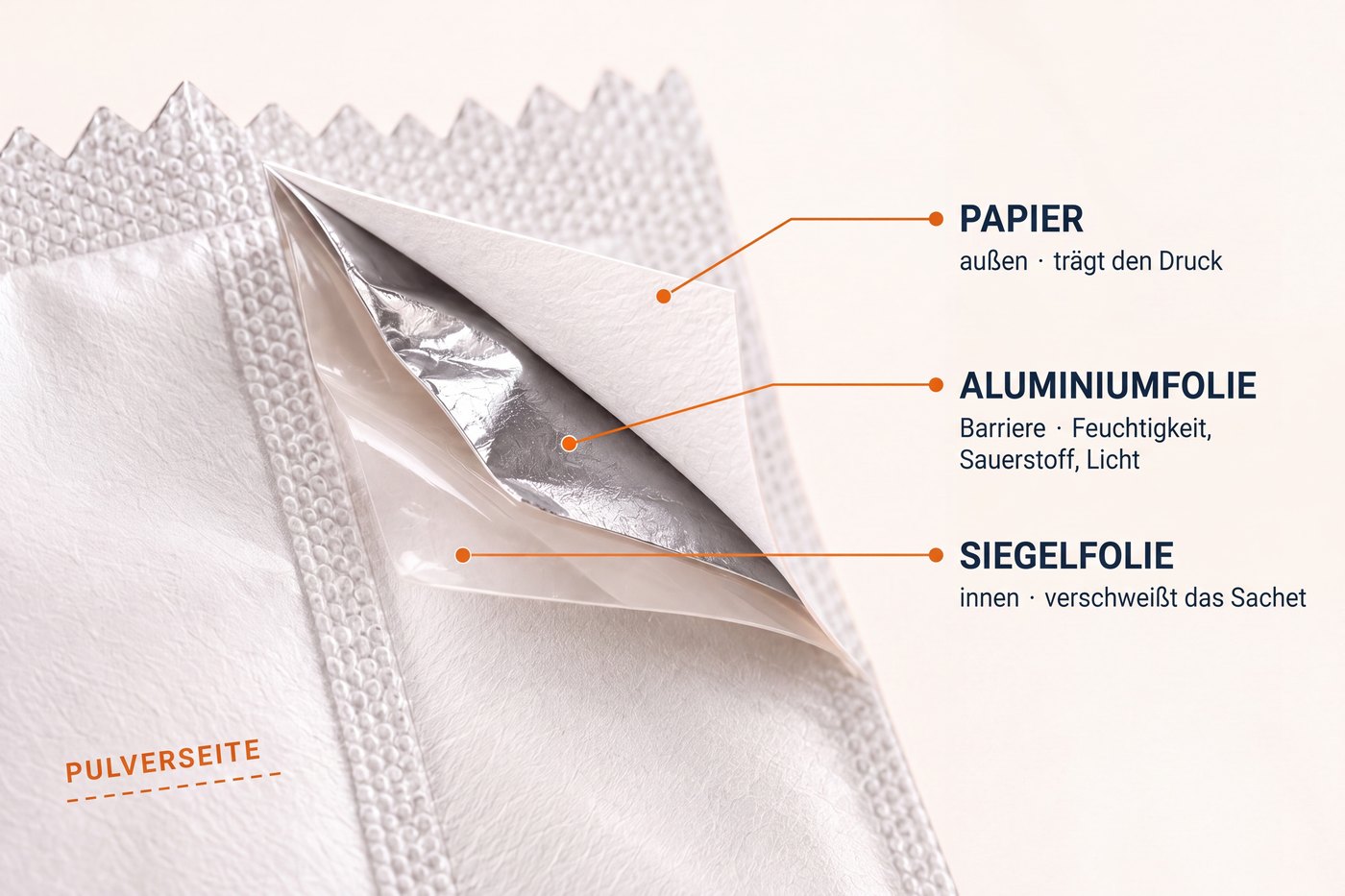 Abgezogene Ecke eines Sachets zeigt die drei Laminatschichten: Papier außen, Aluminiumfolie in der Mitte, Siegelfolie innen