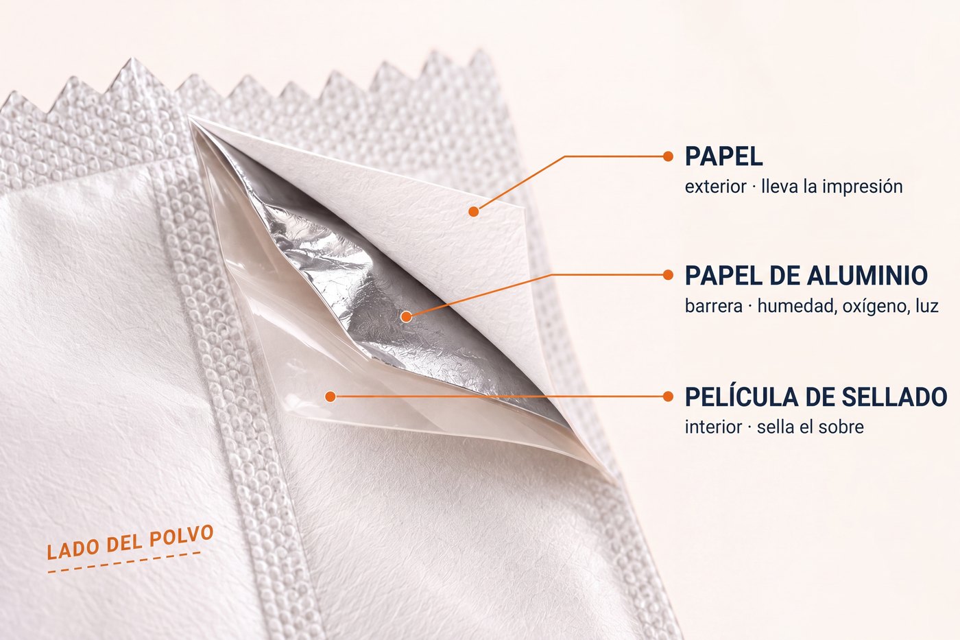 Esquina despegada de un sobre que muestra las tres capas del laminado: papel por fuera, papel de aluminio en el medio, película de sellado por dentro