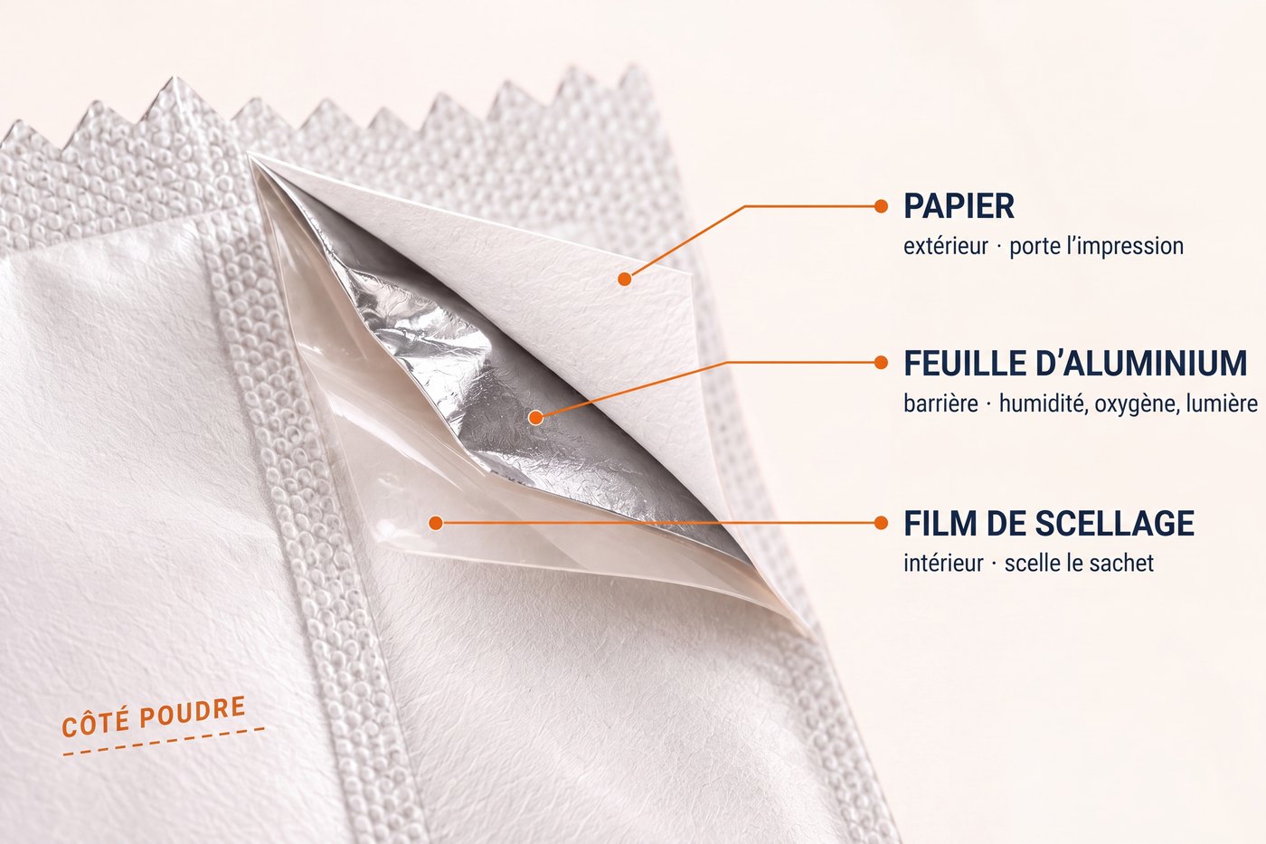 Coin décollé d'un sachet montrant les trois couches du laminé : papier à l'extérieur, feuille d'aluminium au milieu, film de scellage à l'intérieur