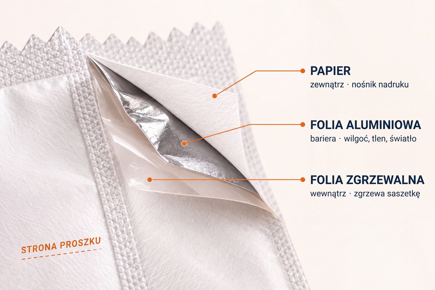 Odchylony róg saszetki pokazujący trzy warstwy laminatu: papier na zewnątrz, folia aluminiowa w środku, folia zgrzewalna wewnątrz
