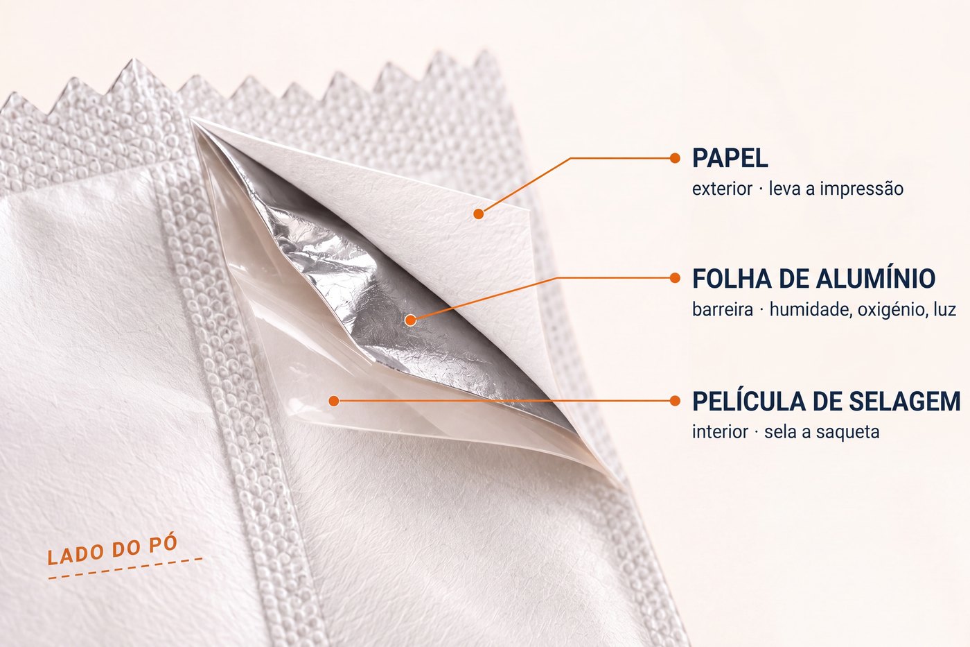 Canto descolado de uma saqueta mostrando as três camadas do laminado: papel no exterior, folha de alumínio no meio, película de selagem no interior