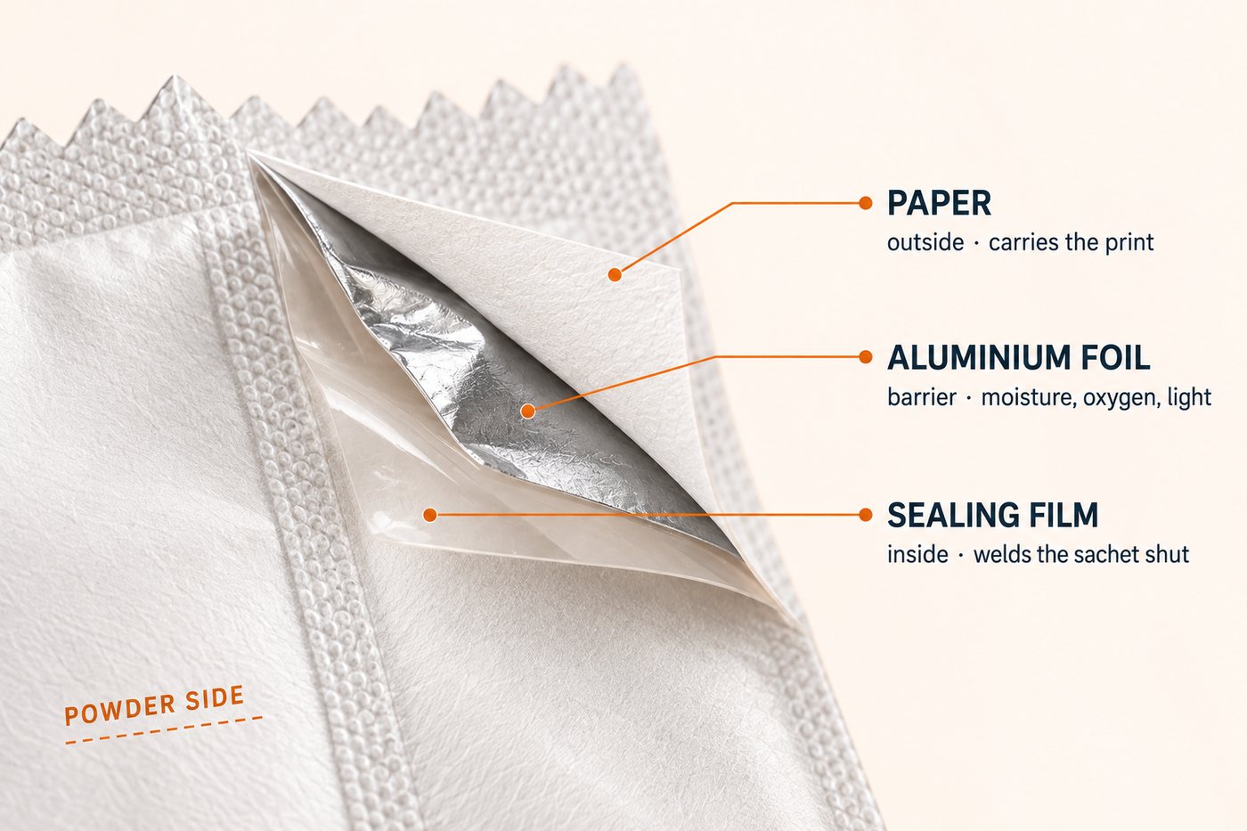 Peeled corner of a sachet showing the three laminate layers: paper outside, aluminium foil in the middle, sealing film inside