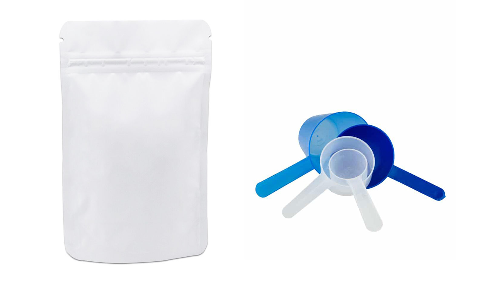 Cuchara dosificadora y doypack para complementos en polvo de marca blanca